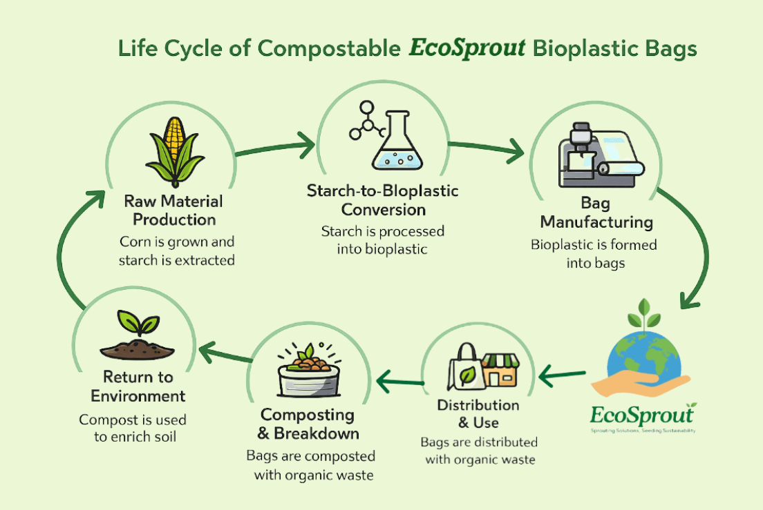 Life cycle of compostable EcoSprout bioplastic bags